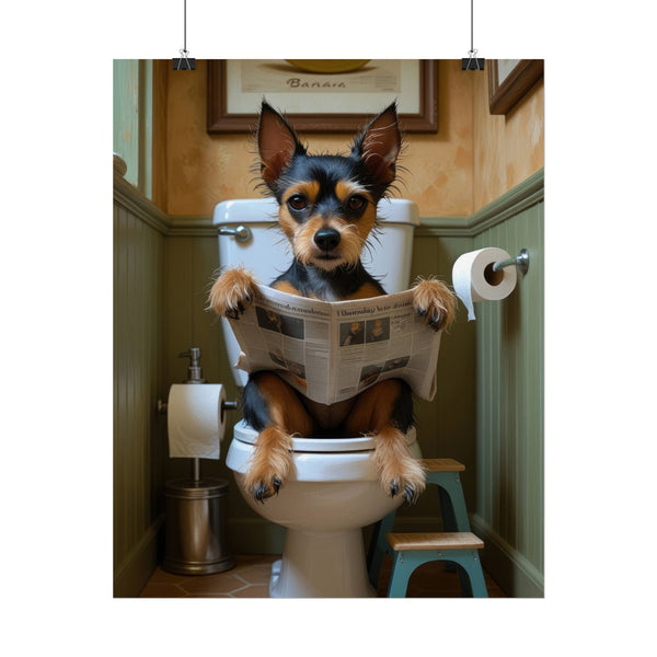 Funny Affenpinscher Bathroom Poster – Dog Sitting on Toilet Reading Newspaper | Humorous Dog Wall Art for Bathroom Decor