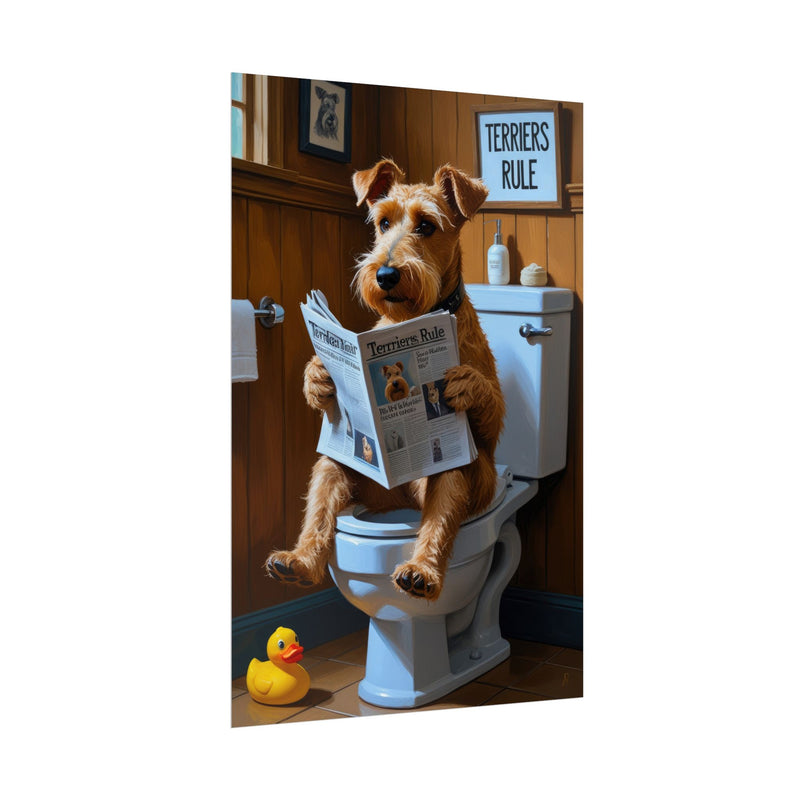 Funny Airedale Terrier Bathroom Poster – Dog Sitting on Toilet Reading Newspaper | Humorous Dog Wall Art for Bathroom Decor