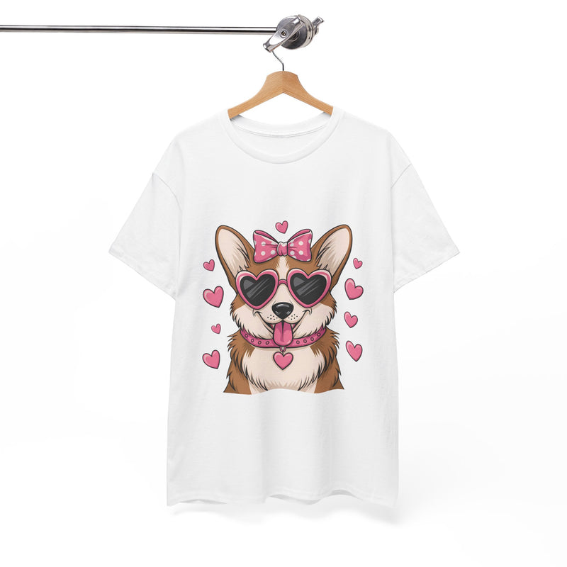 Corgi with Pink Hearts Valentine's Day Unisex Heavy Cotton Tee