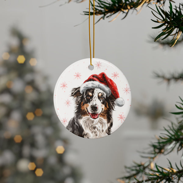 Australian Shepherd with Santa Hat Round Ceramic Christmas Ornament