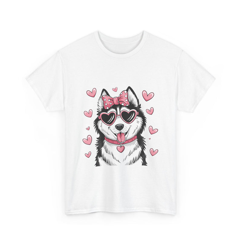 Siberian Husky with Pink Hearts Valentine's Day Unisex Heavy Cotton Tee