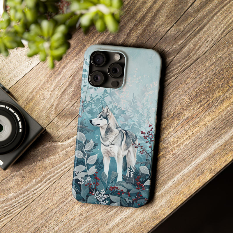 Siberian Husky with Flowers Slim iPhone Cases