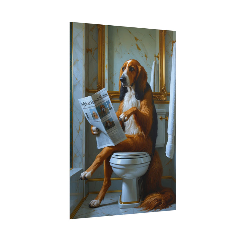 Funny Afghan Hound Bathroom Poster – Dog Sitting on Toilet Reading Newspaper | Humorous Dog Wall Art for Bathroom Decor