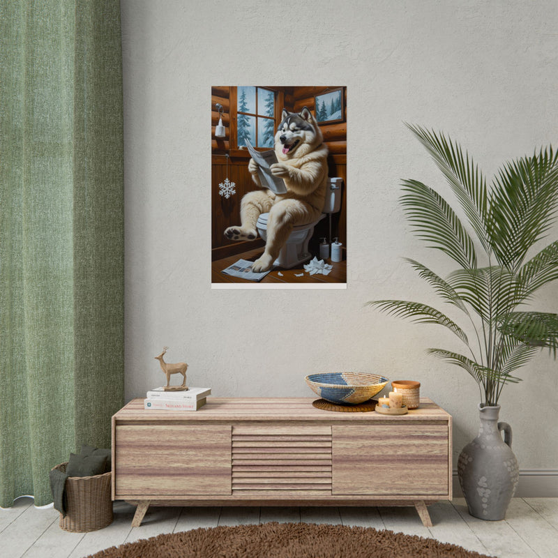 Funny Alaskan Malamute Bathroom Poster – Dog Sitting on Toilet Reading Newspaper | Humorous Dog Wall Art for Bathroom Decor