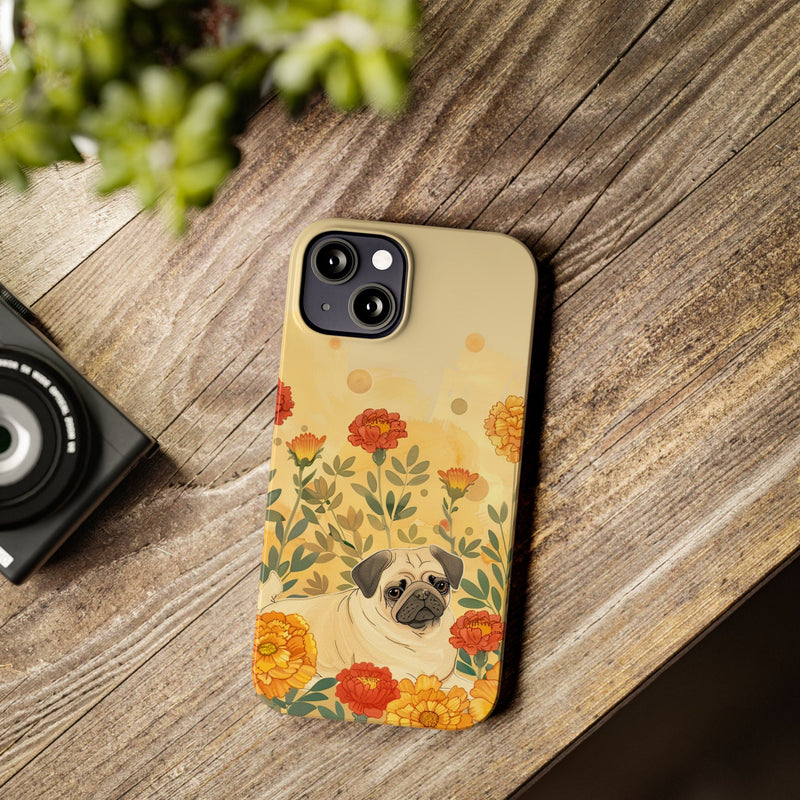 Pug with Flowers Slim iPhone Cases