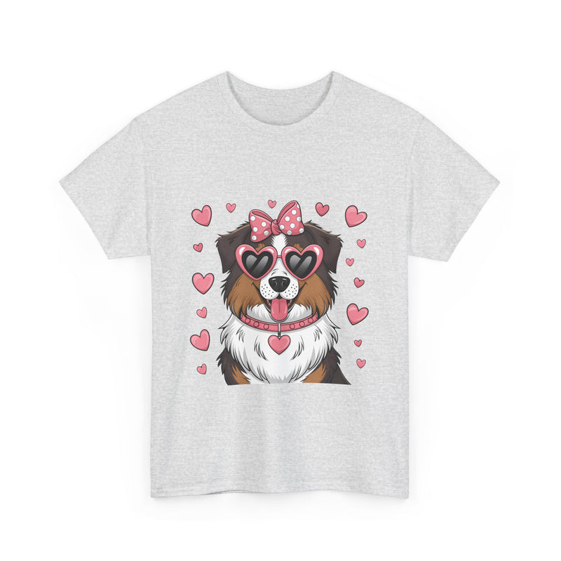 Australian Shepherd with Pink Hearts Valentine's Day Unisex Heavy Cotton Tee