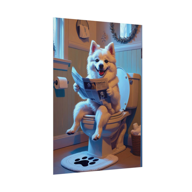 Funny American Eskimo Dog Bathroom Poster – Dog Sitting on Toilet Reading Newspaper | Humorous Dog Wall Art for Bathroom Decor