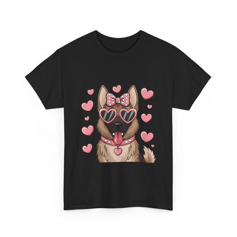 German Shepherd with Pink Hearts Valentine's Day Unisex Heavy Cotton Tee