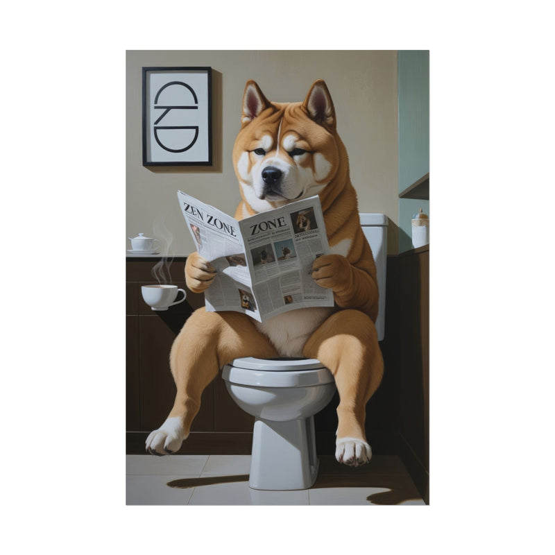 Funny Akita Bathroom Poster – Dog Sitting on Toilet Reading Newspaper | Humorous Dog Wall Art for Bathroom Decor