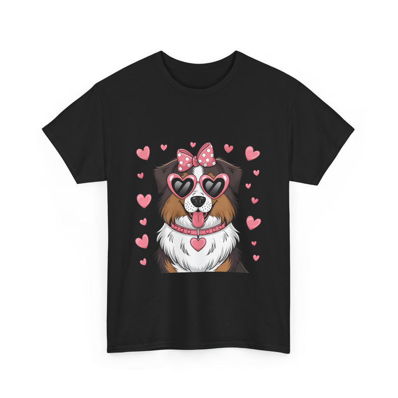 Australian Shepherd with Pink Hearts Valentine's Day Unisex Heavy Cotton Tee