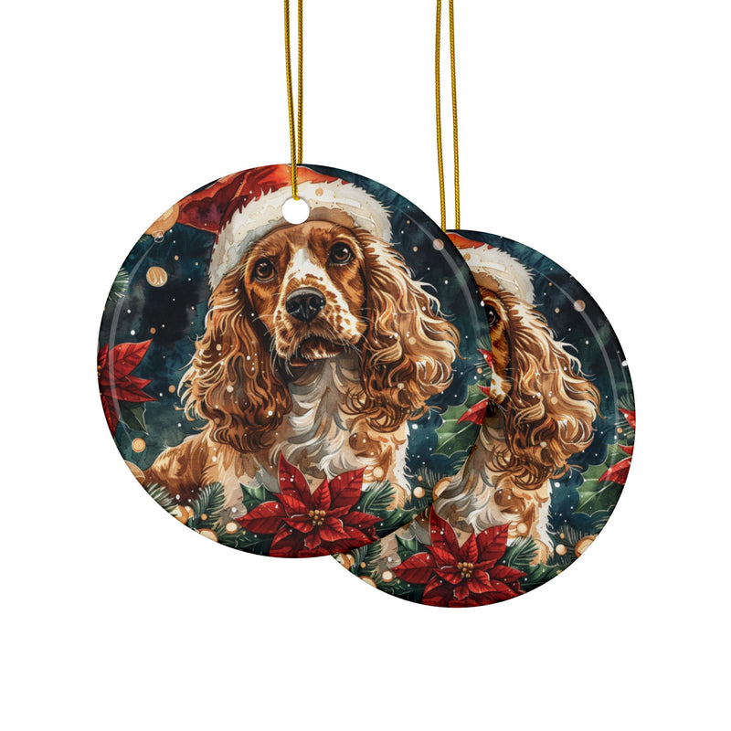 Cocker Spaniel Christmas Ornament – 3D Watercolor Holiday Design with Santa Hat Inside Wreath Decorated with Poinsettias and Golden Bells