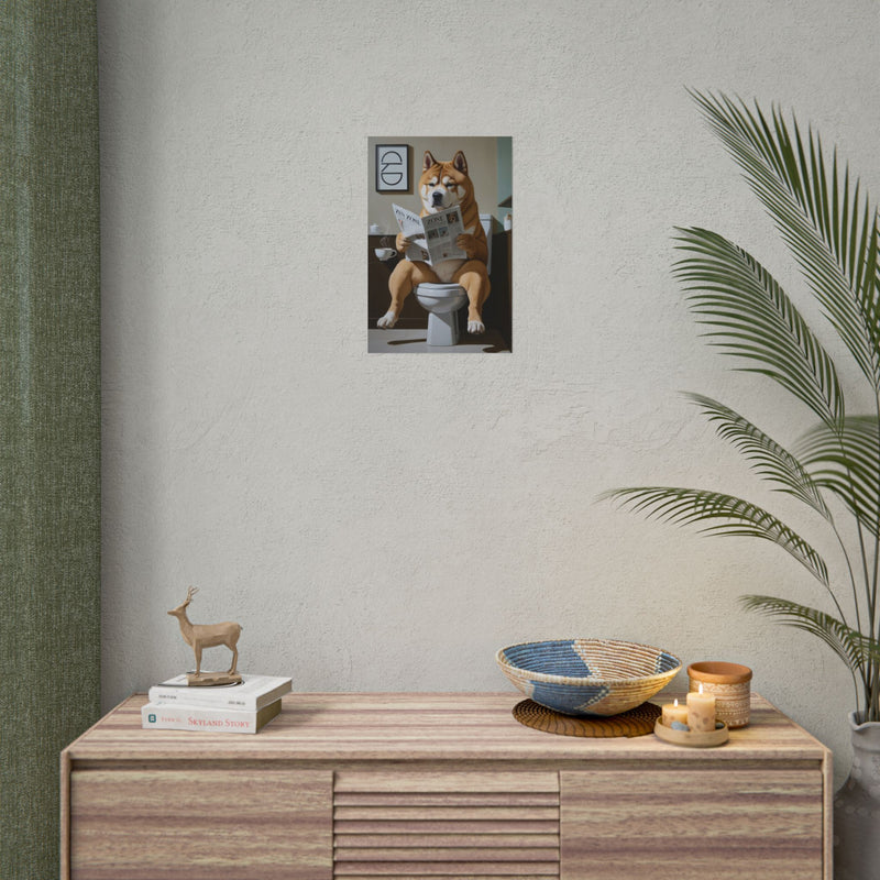 Funny Akita Bathroom Poster – Dog Sitting on Toilet Reading Newspaper | Humorous Dog Wall Art for Bathroom Decor