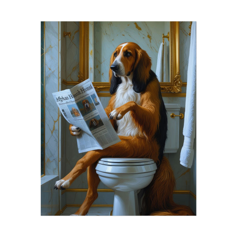 Funny Afghan Hound Bathroom Poster – Dog Sitting on Toilet Reading Newspaper | Humorous Dog Wall Art for Bathroom Decor