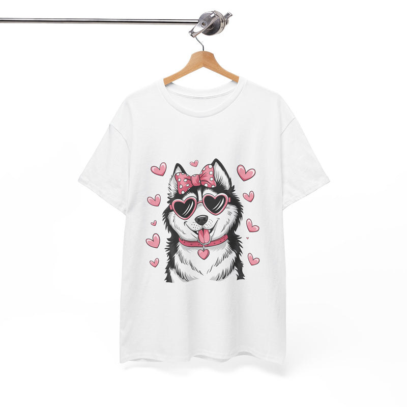 Siberian Husky with Pink Hearts Valentine's Day Unisex Heavy Cotton Tee