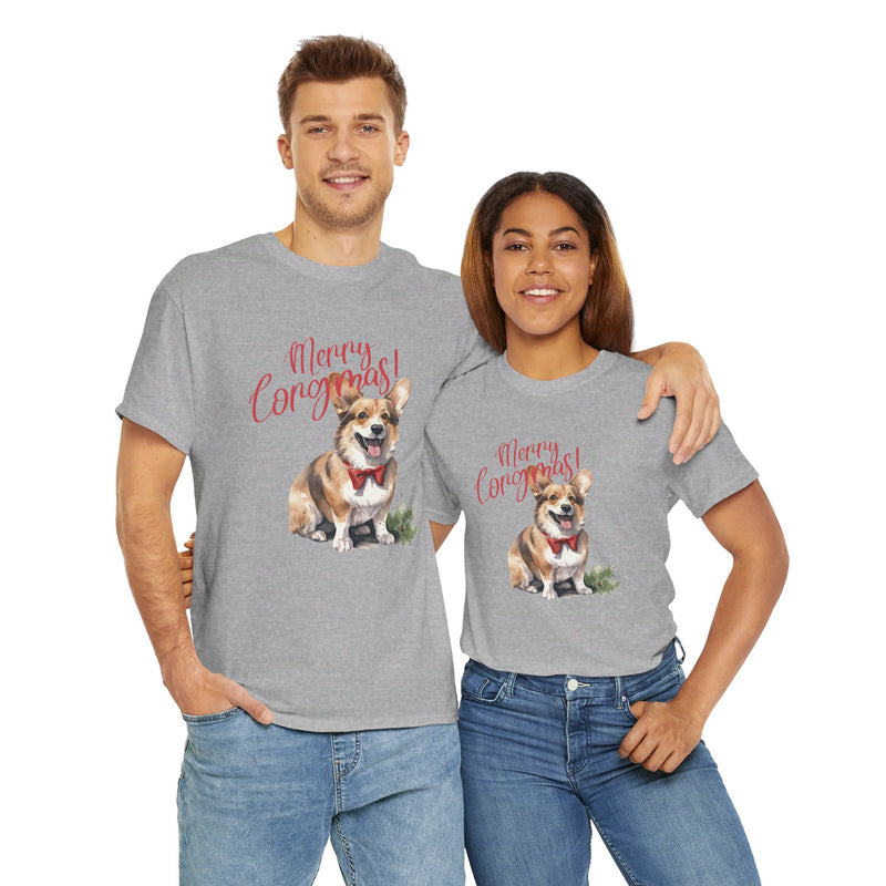 Merry Corgimas Christmas Unisex Heavy Cotton Tee | Corgi Christmas Gifts