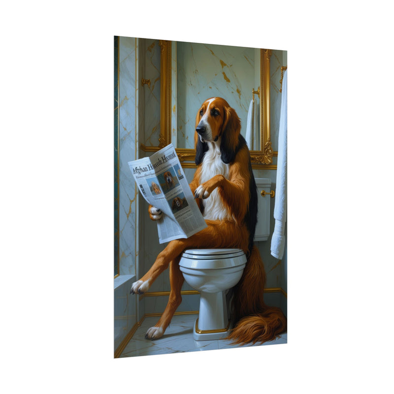 Funny Afghan Hound Bathroom Poster – Dog Sitting on Toilet Reading Newspaper | Humorous Dog Wall Art for Bathroom Decor