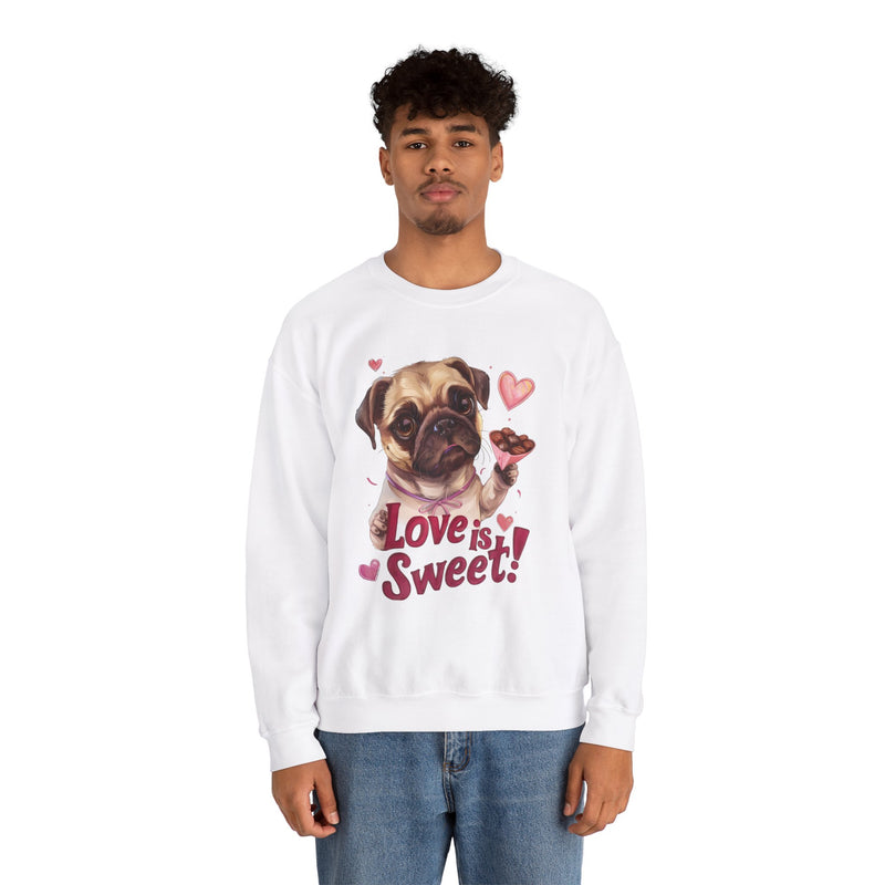 Love is Sweet Pug Unisex Crewneck Sweatshirt – Heart-Shaped Chocolates Design - Pug Lovers Valentine's Day Gift