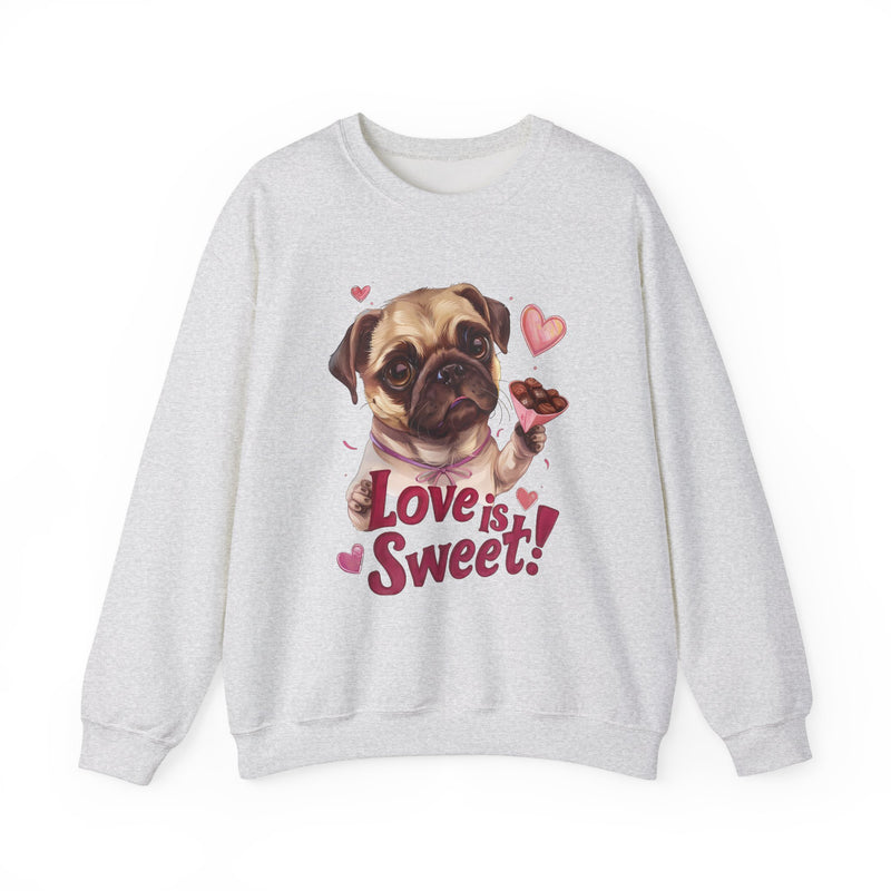 Love is Sweet Pug Unisex Crewneck Sweatshirt – Heart-Shaped Chocolates Design - Pug Lovers Valentine's Day Gift