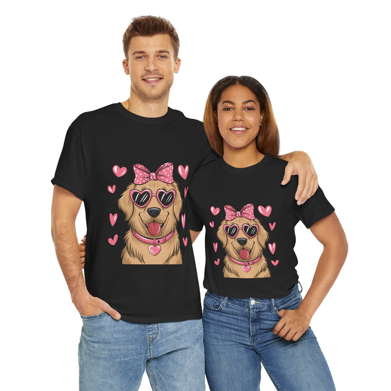 Golden Retriever with Pink Hearts Valentine's Day Unisex Heavy Cotton Tee