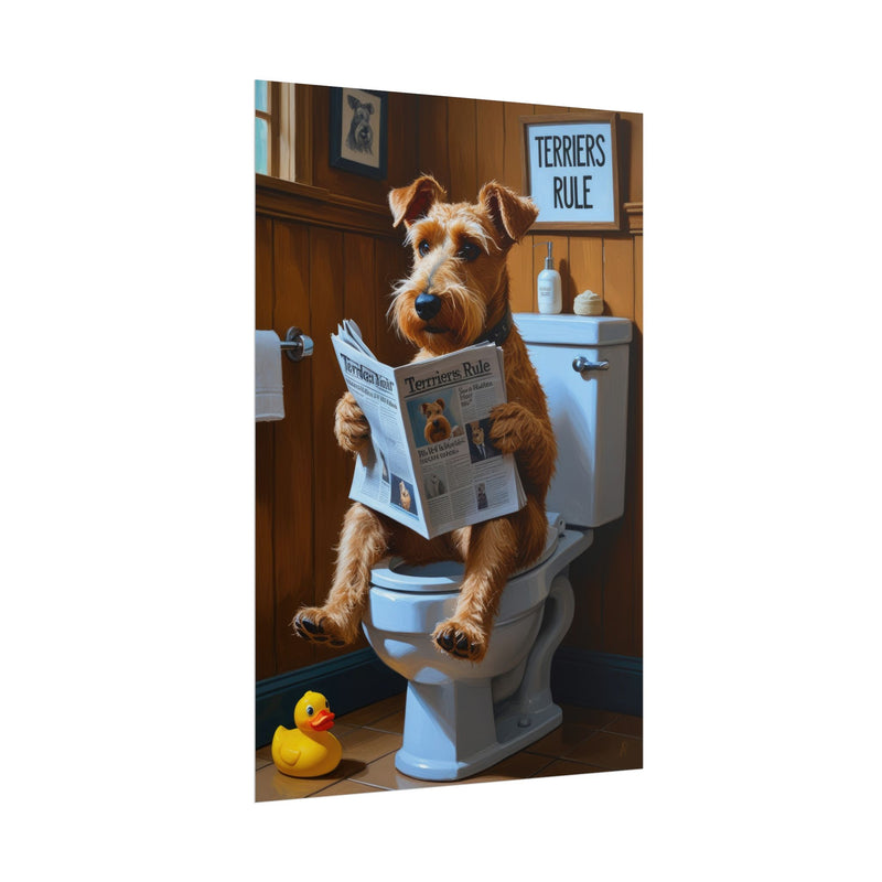 Funny Airedale Terrier Bathroom Poster – Dog Sitting on Toilet Reading Newspaper | Humorous Dog Wall Art for Bathroom Decor