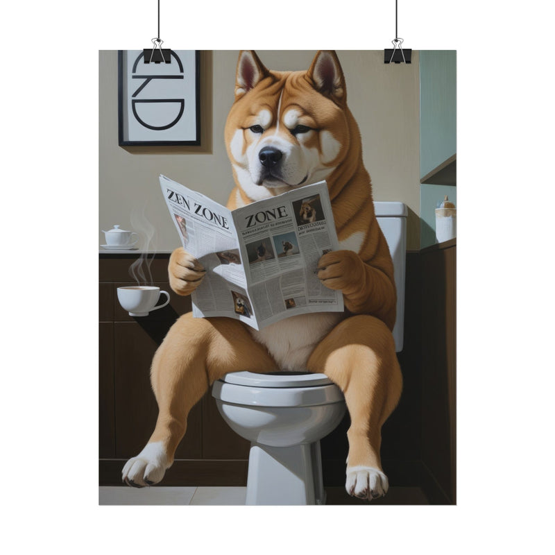 Funny Akita Bathroom Poster – Dog Sitting on Toilet Reading Newspaper | Humorous Dog Wall Art for Bathroom Decor