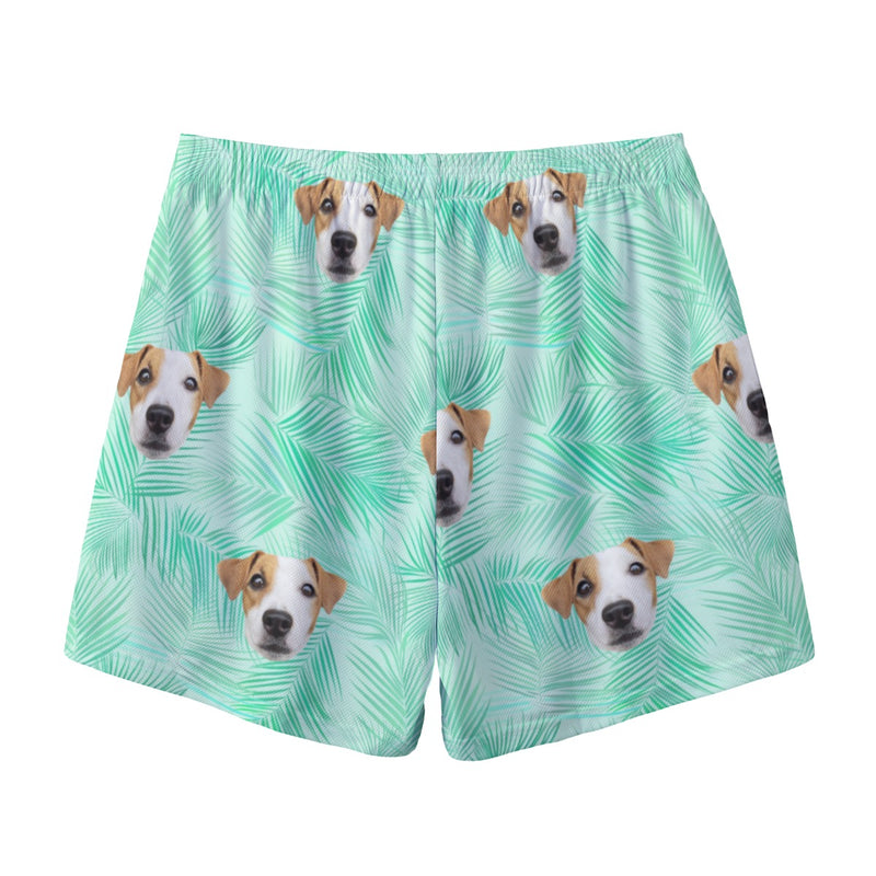 Personalized Pet Dog Photo All-Over Print Men's Pocket Shorts, Palm Leaves Pattern Custom Shorts