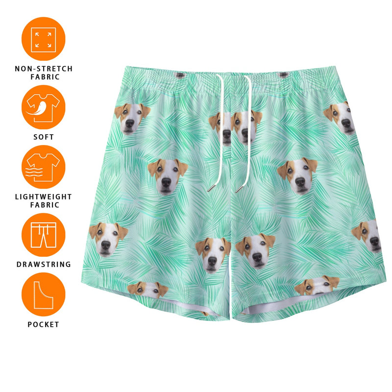 Personalized Pet Dog Photo All-Over Print Men's Pocket Shorts, Palm Leaves Pattern Custom Shorts