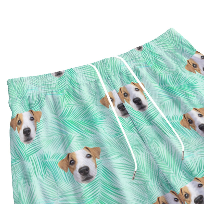 Personalized Pet Dog Photo All-Over Print Men's Pocket Shorts, Palm Leaves Pattern Custom Shorts