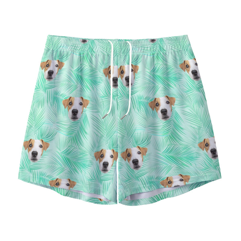 Personalized Pet Dog Photo All-Over Print Men's Pocket Shorts, Palm Leaves Pattern Custom Shorts