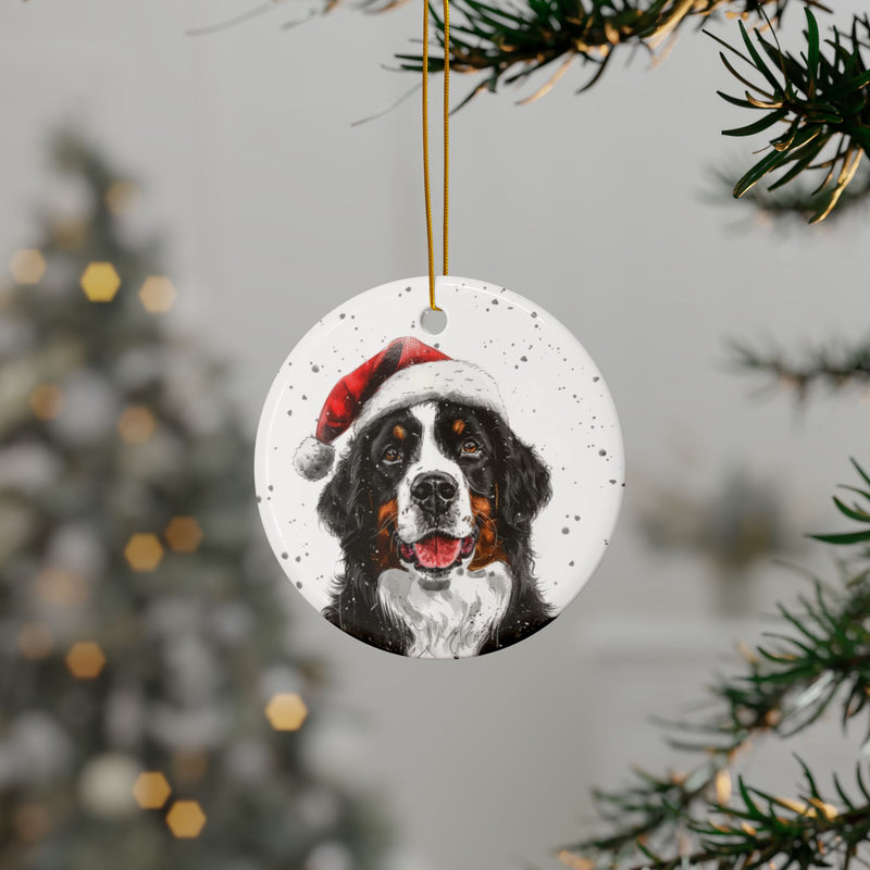 Bernese Mountain with Santa Hat Round Ceramic Christmas Ornament