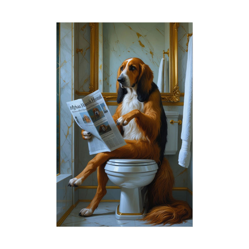 Funny Afghan Hound Bathroom Poster – Dog Sitting on Toilet Reading Newspaper | Humorous Dog Wall Art for Bathroom Decor