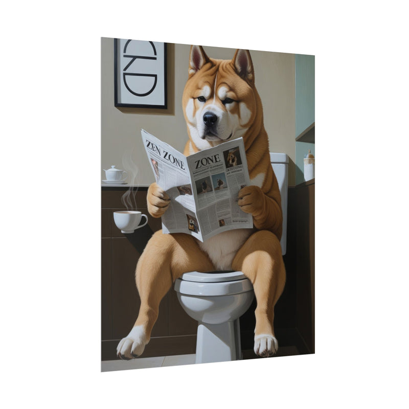 Funny Akita Bathroom Poster – Dog Sitting on Toilet Reading Newspaper | Humorous Dog Wall Art for Bathroom Decor