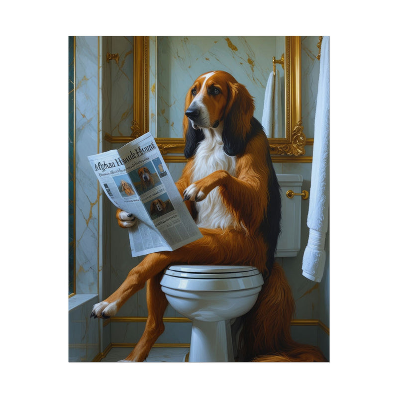 Funny Afghan Hound Bathroom Poster – Dog Sitting on Toilet Reading Newspaper | Humorous Dog Wall Art for Bathroom Decor