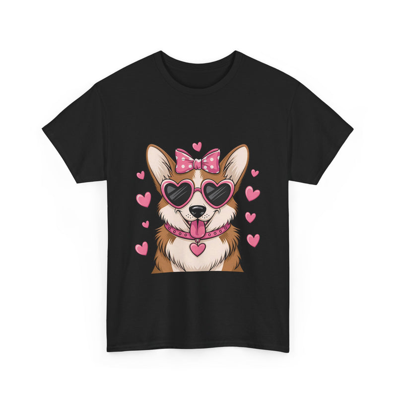 Corgi with Pink Hearts Valentine's Day Unisex Heavy Cotton Tee