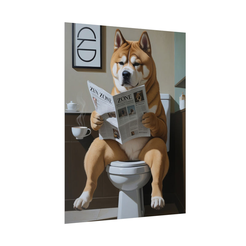 Funny Akita Bathroom Poster – Dog Sitting on Toilet Reading Newspaper | Humorous Dog Wall Art for Bathroom Decor