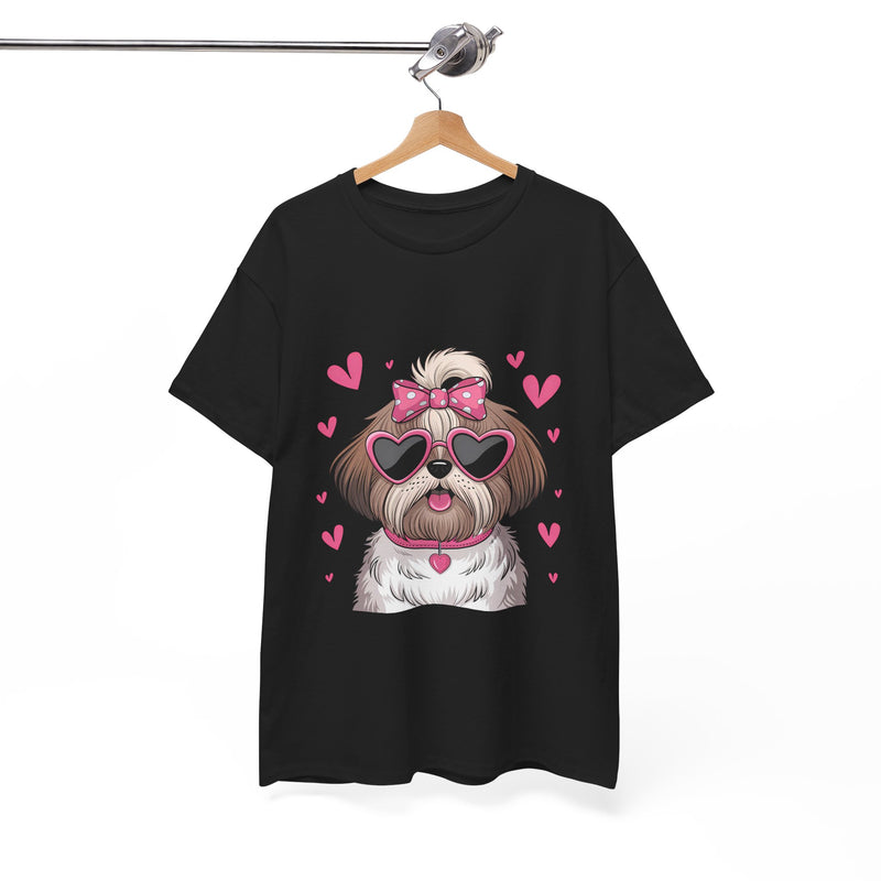 Shih Tzu with Pink Hearts Valentine's Day Unisex Heavy Cotton Tee