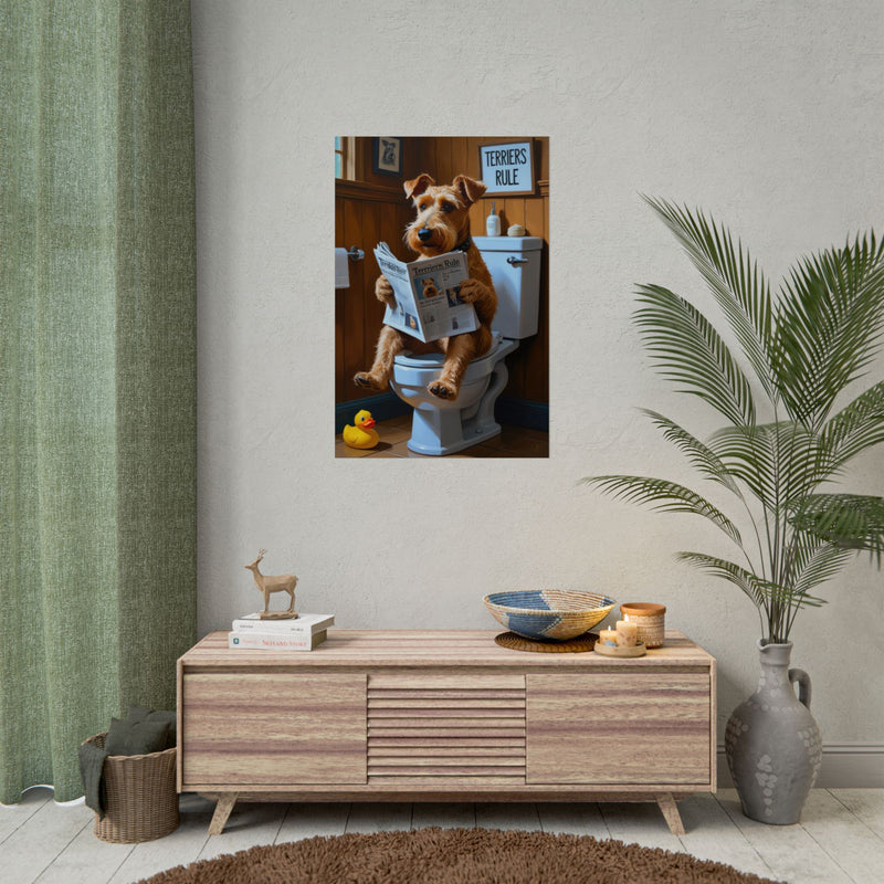 Funny Airedale Terrier Bathroom Poster – Dog Sitting on Toilet Reading Newspaper | Humorous Dog Wall Art for Bathroom Decor