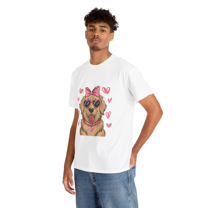 Golden Retriever with Pink Hearts Valentine's Day Unisex Heavy Cotton Tee