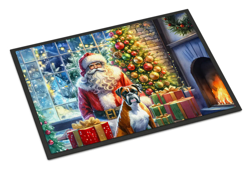 Christmas Doormat with Boxer Dog, Santa Claus, Christmas Tree, Gift Boxes & Fireplace – Holiday Door Mat for Indoor or Outdoor Use