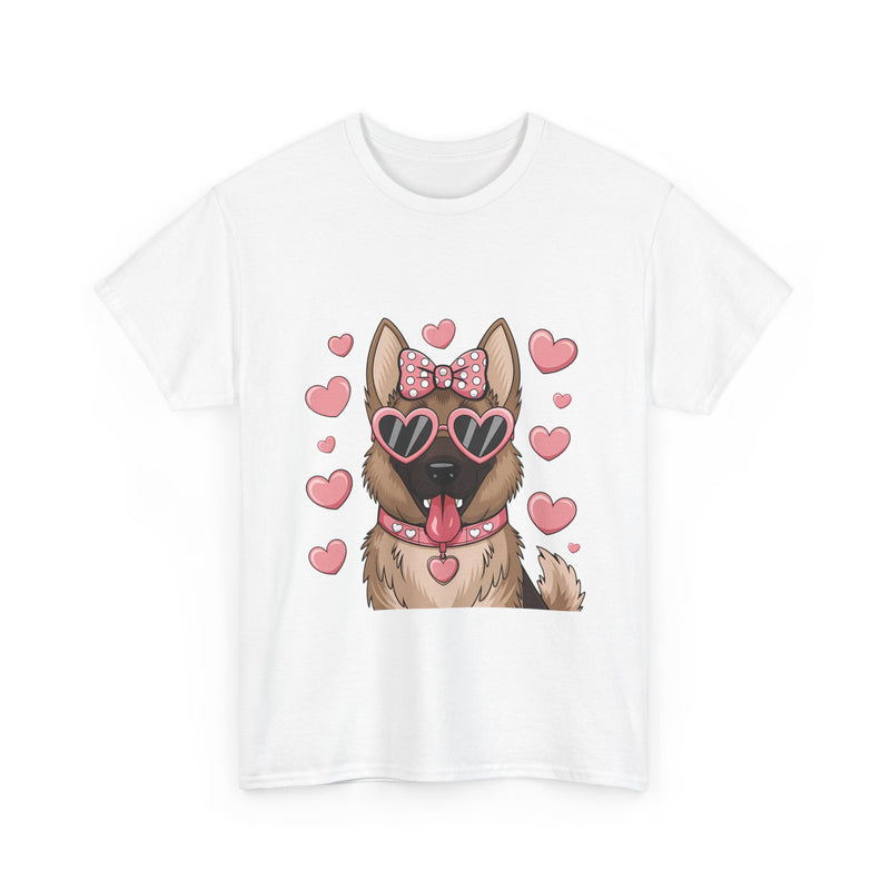 German Shepherd with Pink Hearts Valentine's Day Unisex Heavy Cotton Tee