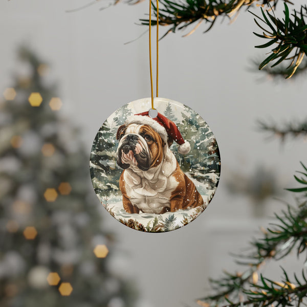 English Bulldog Christmas Ornament – 3D Watercolor Holiday Design with Santa Hat in Snowy Scene with Christmas Trees and Garlands