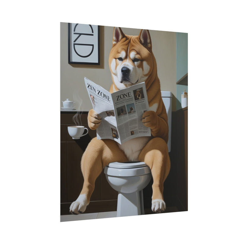 Funny Akita Bathroom Poster – Dog Sitting on Toilet Reading Newspaper | Humorous Dog Wall Art for Bathroom Decor