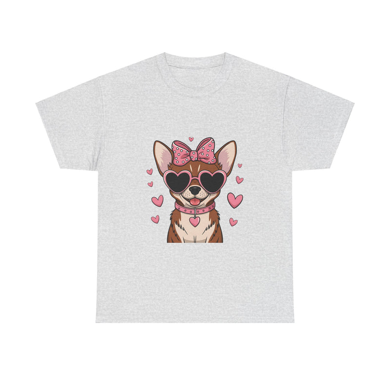 Chihuahua with Pink Hearts Valentine's Day Unisex Heavy Cotton Tee