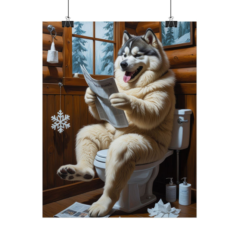 Funny Alaskan Malamute Bathroom Poster – Dog Sitting on Toilet Reading Newspaper | Humorous Dog Wall Art for Bathroom Decor