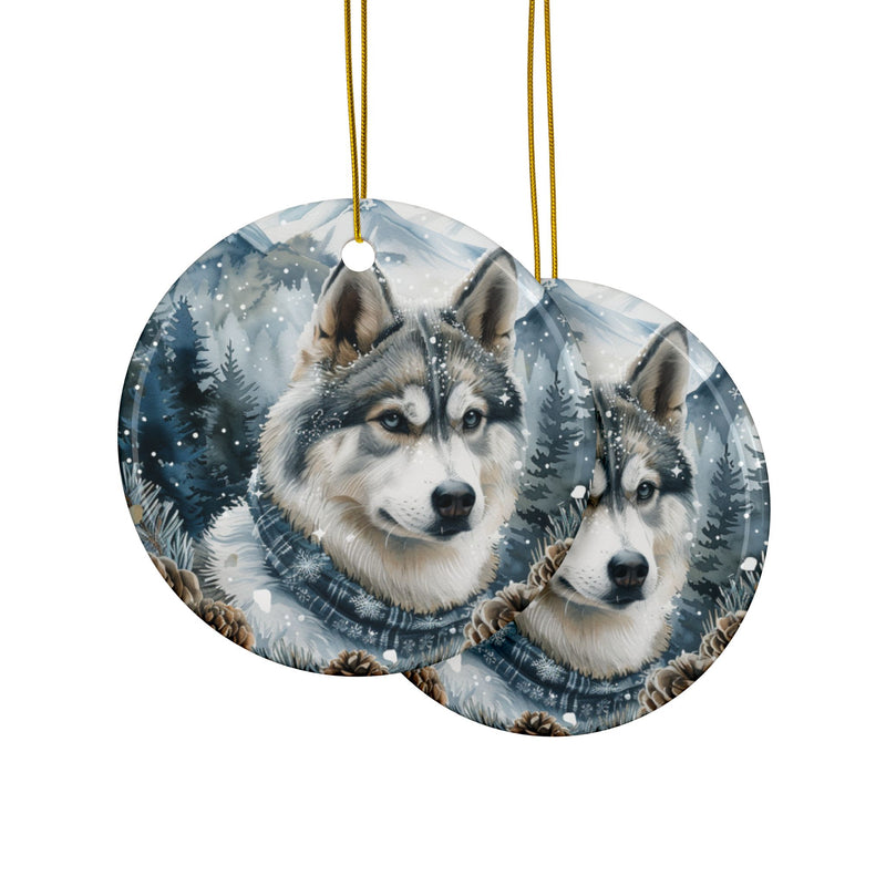 Siberian Husky Christmas Ornament – 3D Watercolor Holiday Design with Winter Sweater, Snowy Mountains, Pine Cones, and Evergreen Branches