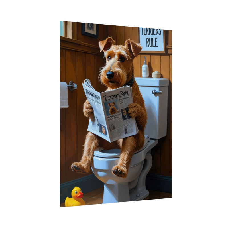 Funny Airedale Terrier Bathroom Poster – Dog Sitting on Toilet Reading Newspaper | Humorous Dog Wall Art for Bathroom Decor