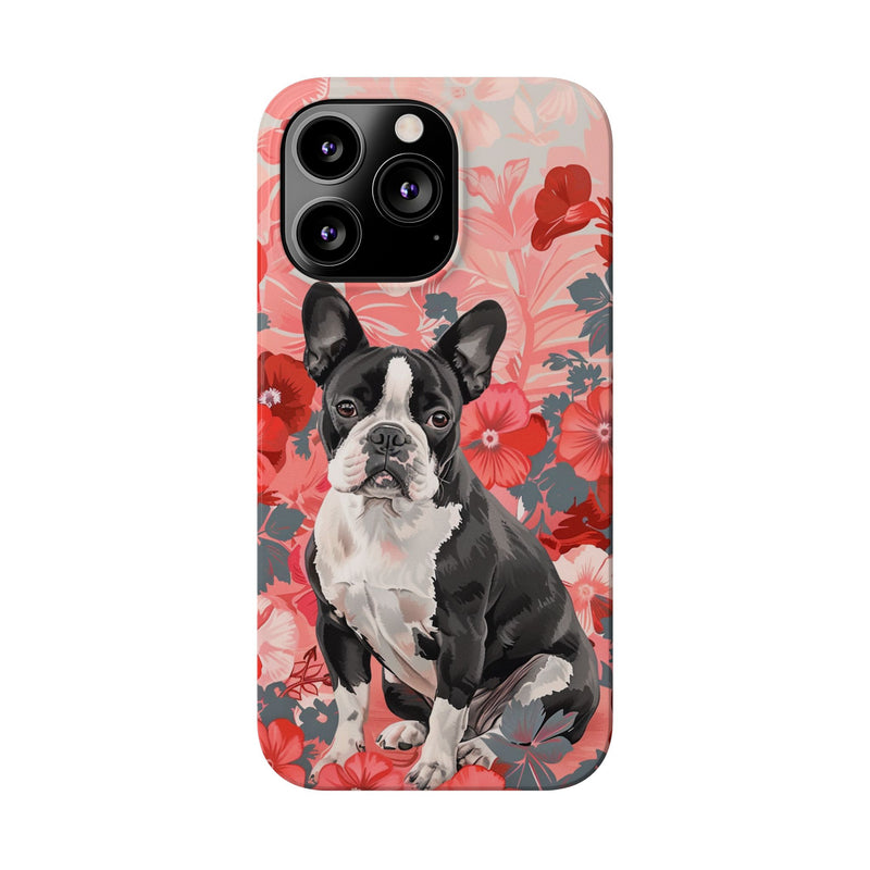 Boston Terrier with Flowers iPhone Slim Phone Cases