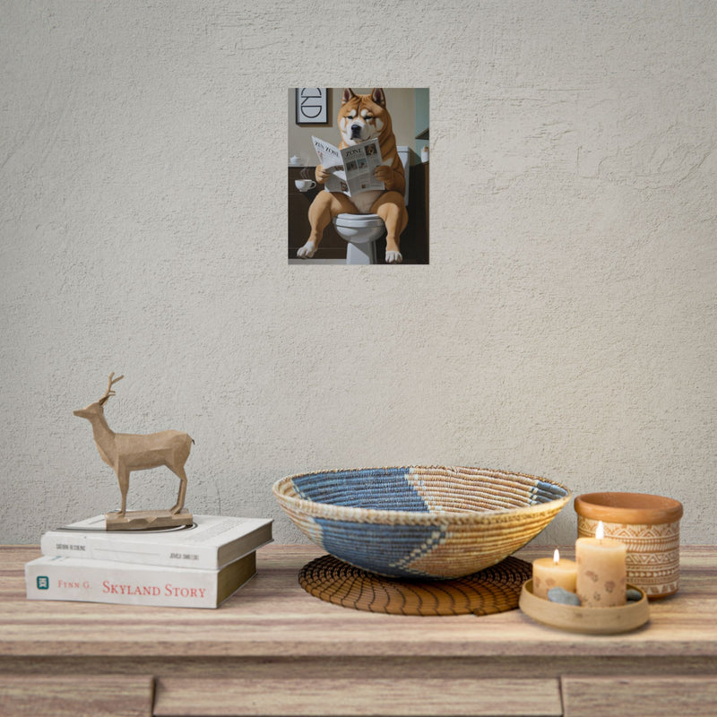 Funny Akita Bathroom Poster – Dog Sitting on Toilet Reading Newspaper | Humorous Dog Wall Art for Bathroom Decor