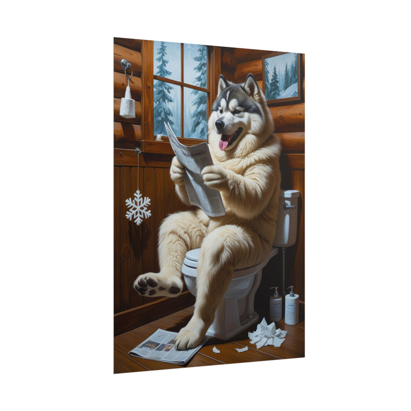 Funny Alaskan Malamute Bathroom Poster – Dog Sitting on Toilet Reading Newspaper | Humorous Dog Wall Art for Bathroom Decor