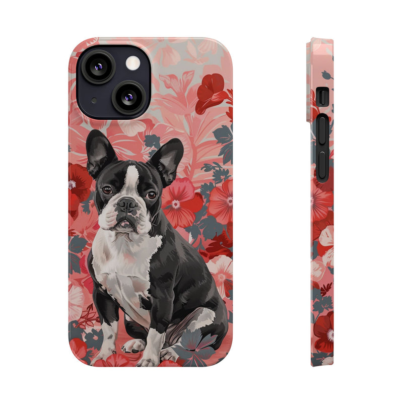 Boston Terrier with Flowers iPhone Slim Phone Cases